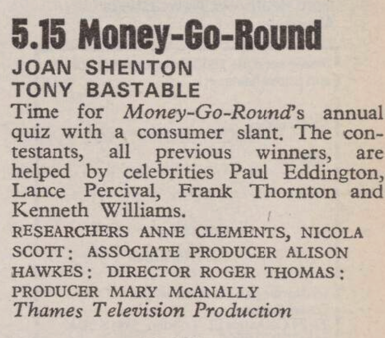A billing from the 5-11 January 1980 edition of TV Times for the programme Money-Go-Round, which featured Kenneth Williams as one of the guests